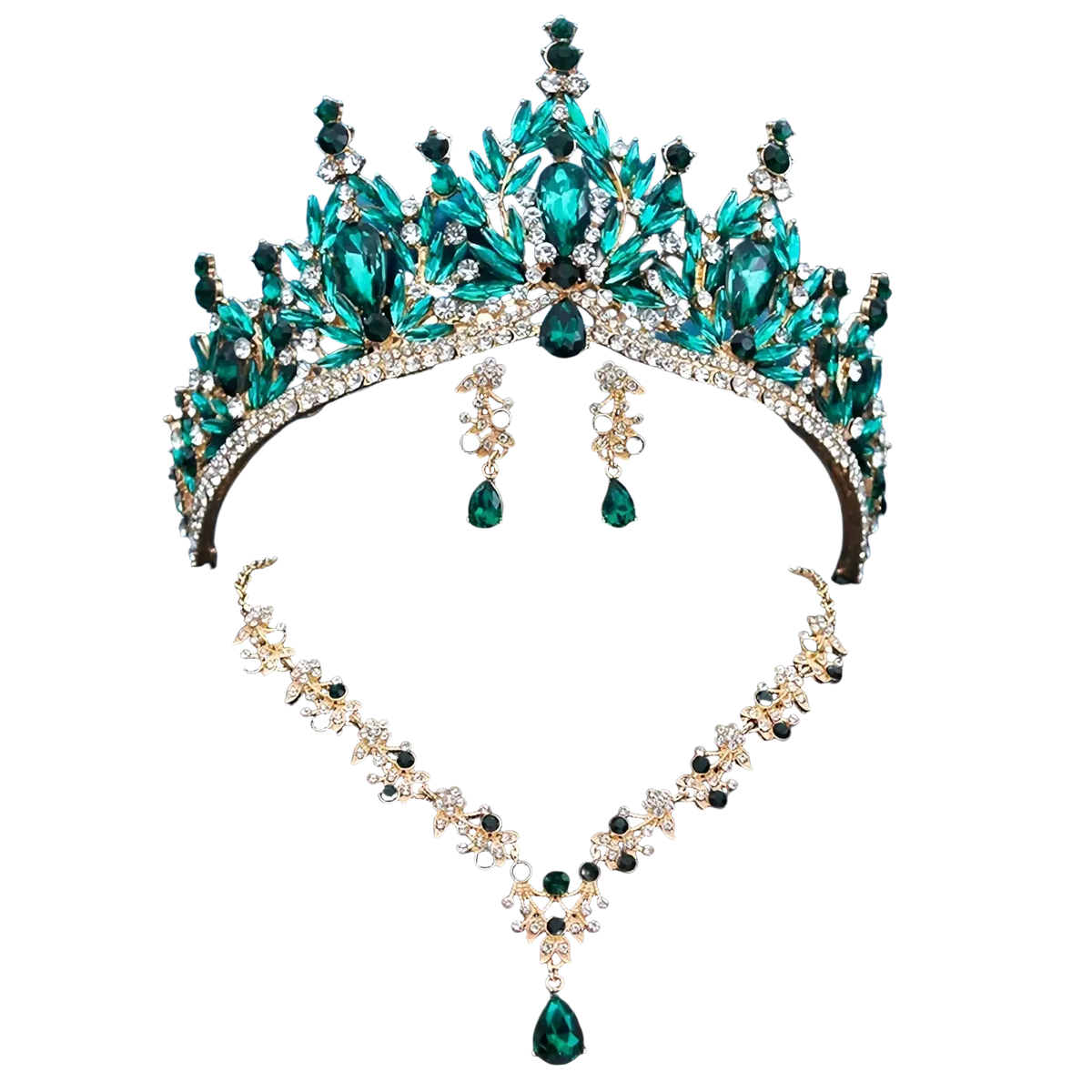 Bridal tiara jewelry set with emerald green and clear crystals on gold-tone metal displayed on mannequin bust