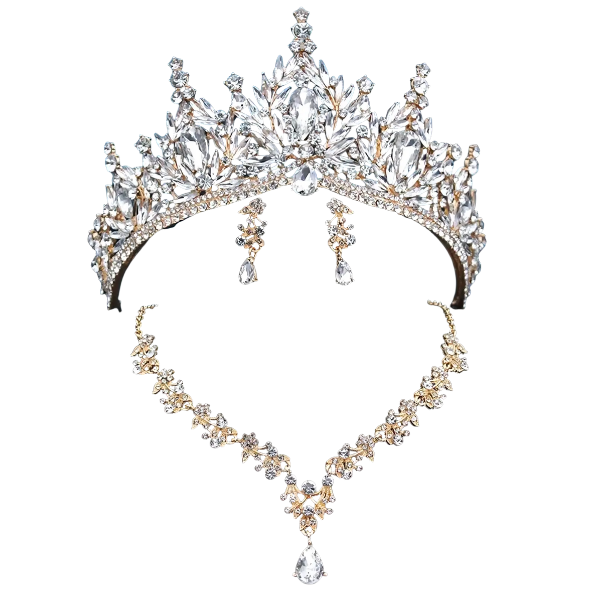 Bridal tiara jewelry set with sparkling gold and clear crystal featuring intricate leaf and floral designs