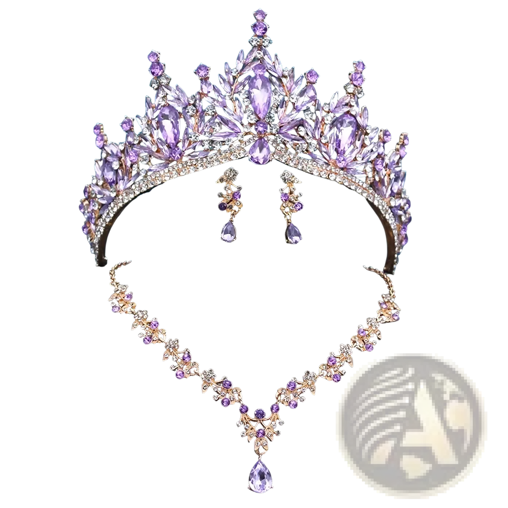 Bridal tiara jewelry set with sparkling purple and gold crown, amethyst stones, clear crystals, necklace, and earrings on black bust