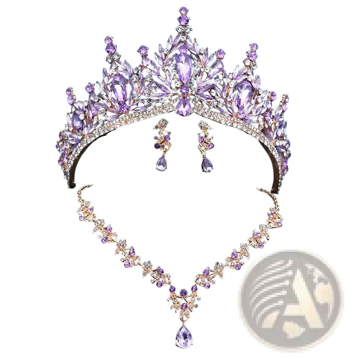 Bridal tiara jewelry set with sparkling purple and gold crown, amethyst stones, clear crystals, necklace, and earrings on black bust