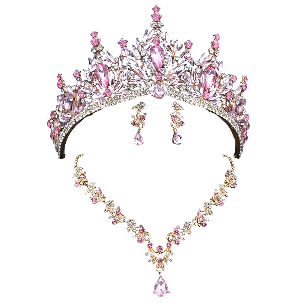 A sparkling pink and gold bridal tiara with rose-cut crystals pavé stones and teardrop pendants in jewelry set