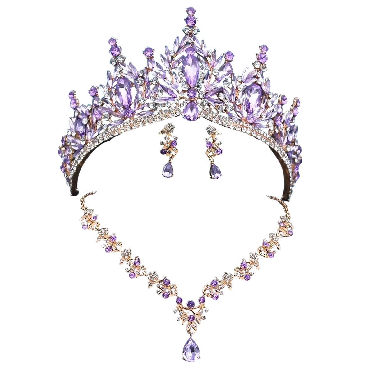 Bridal tiara jewelry set with sparkling purple and gold crown, amethyst stones, clear crystals, necklace, and earrings on black bust