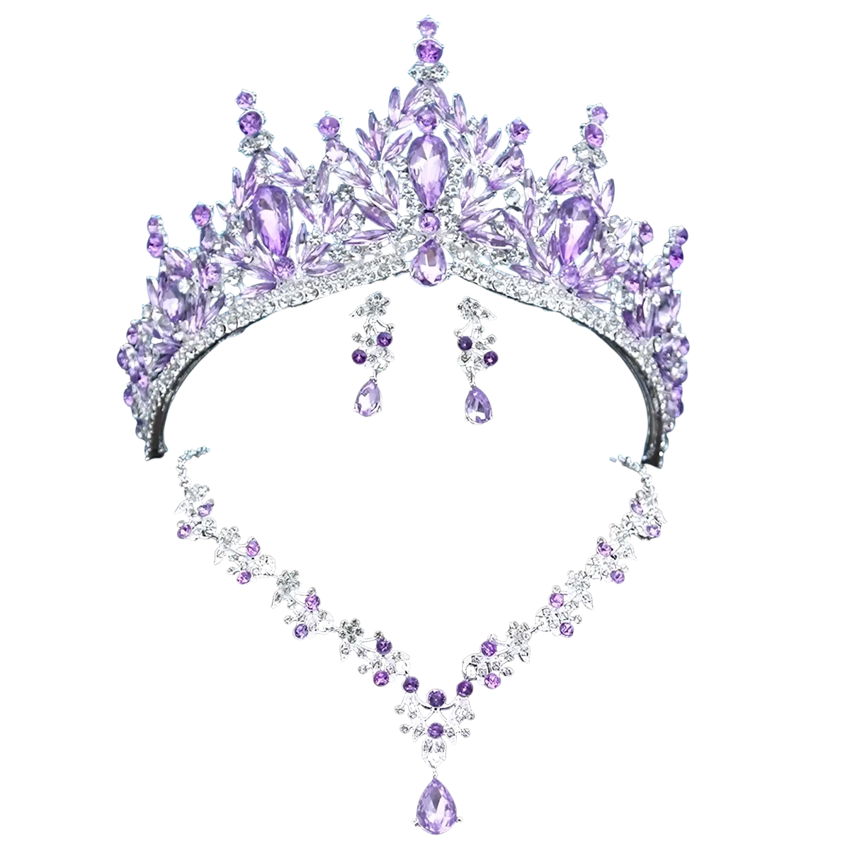 Bridal tiara jewelry set with sparkling purple and silver crystal crown necklace and earrings featuring leaf designs