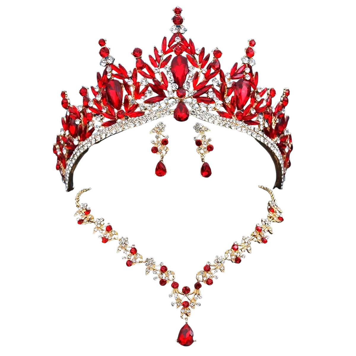 Bridal tiara jewelry set with red and silver crystals including crown, necklace, and earrings displayed on black bust