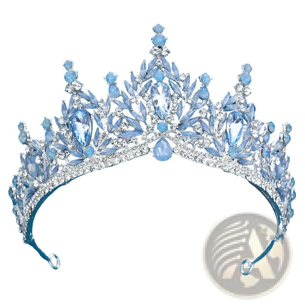 A sparkling silver bridal tiara with intricate leaf patterns and light blue teardrop crystals accented by clear rhinestones