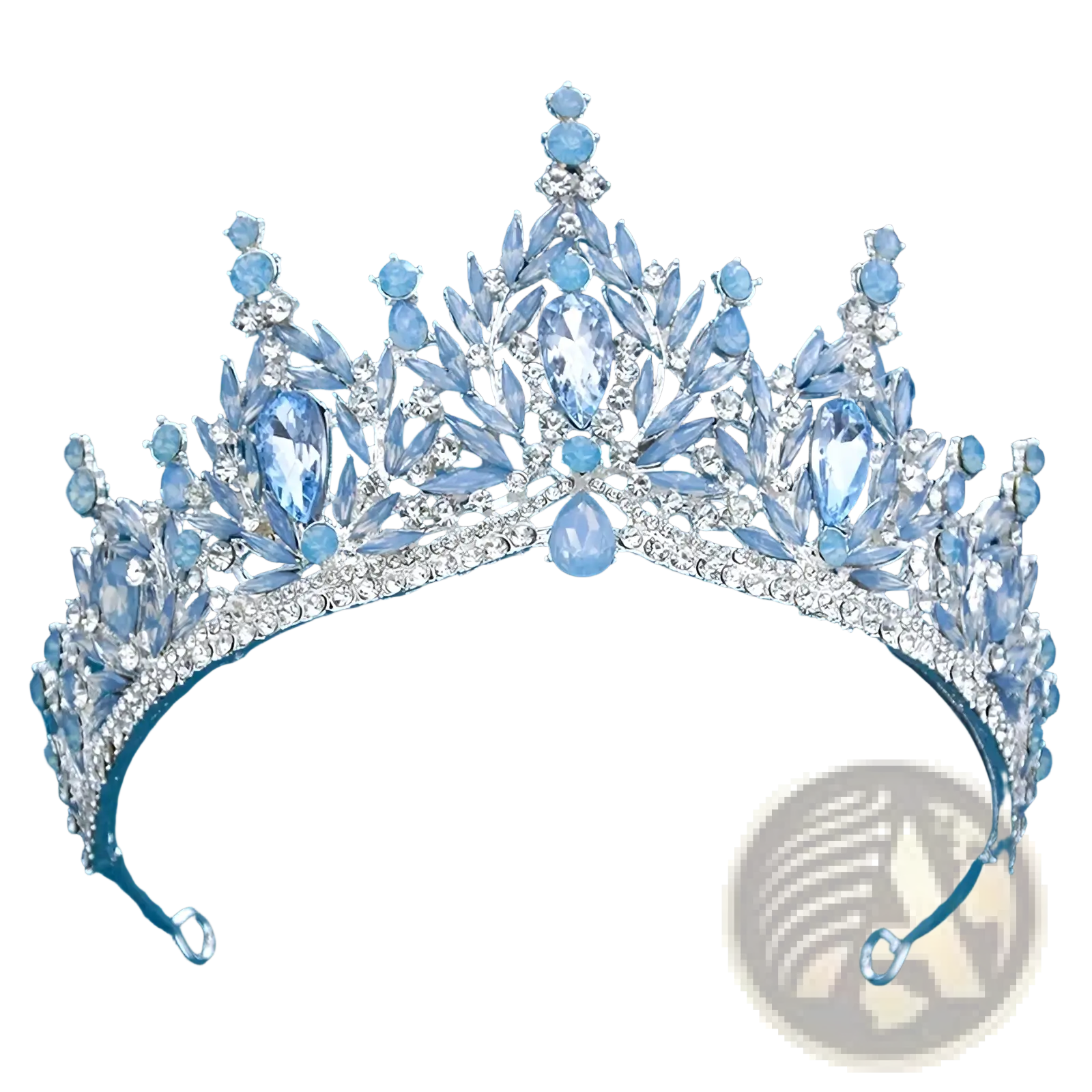 A sparkling silver bridal tiara with intricate leaf patterns and light blue teardrop crystals accented by clear rhinestones