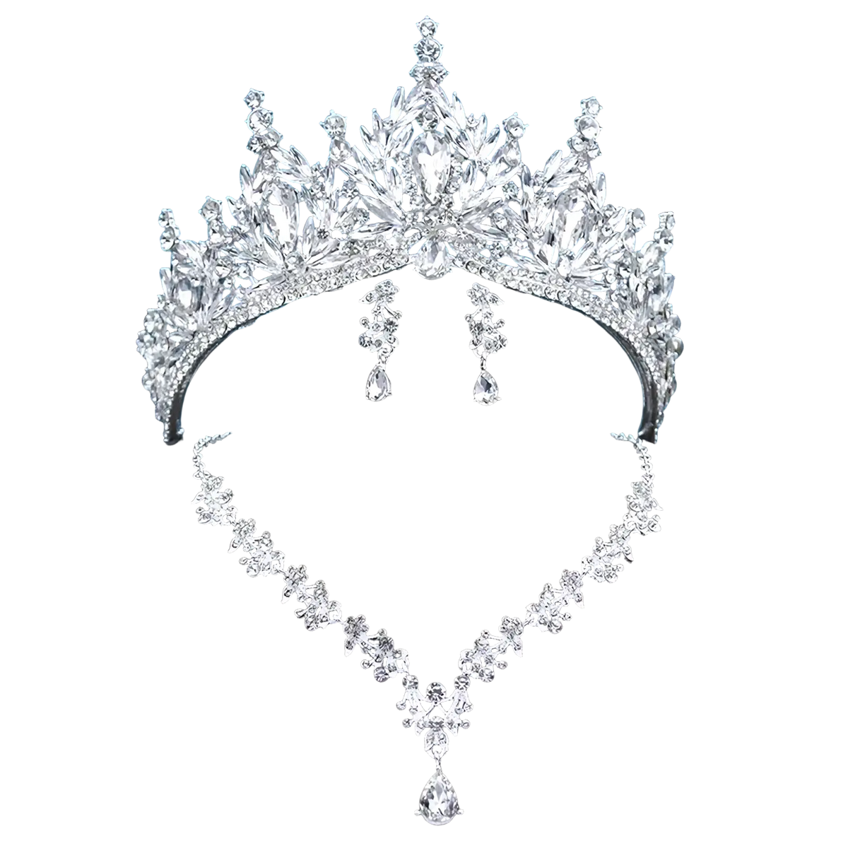 Silver bridal tiara jewelry set with clear crystal crown necklace and earrings displayed on black mannequin bust