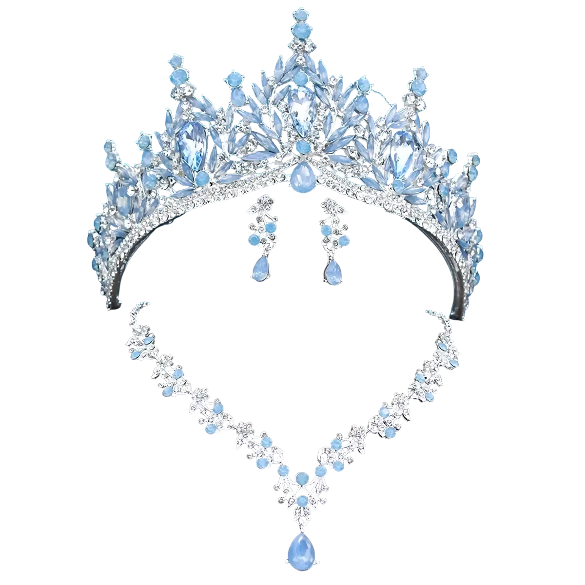 A sparkling silver bridal tiara jewelry set with light blue teardrop and faceted crystal necklace and earrings
