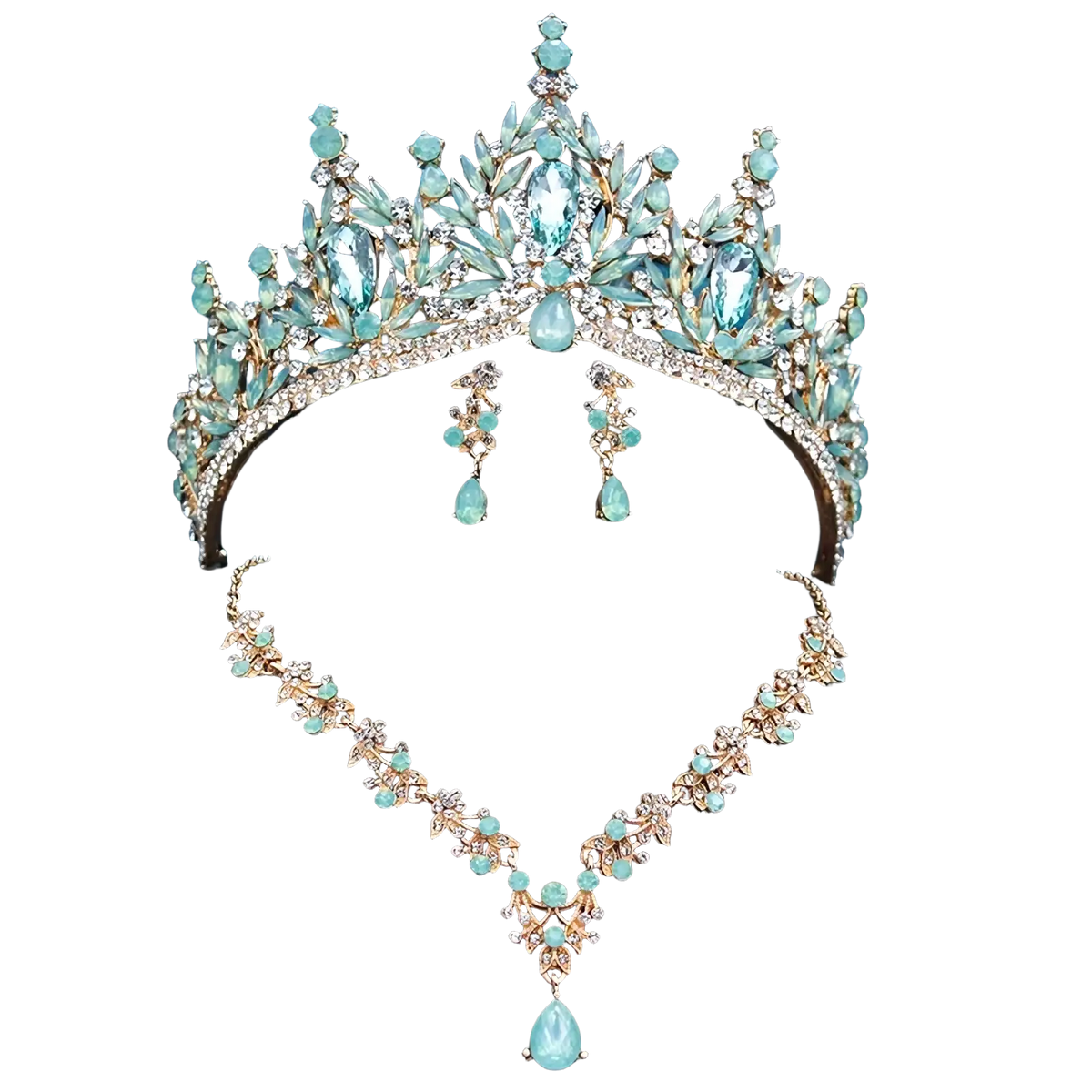 Bridal tiara jewelry set with sparkling teal and gold crystals featuring intricate leaf motifs and teardrop earrings