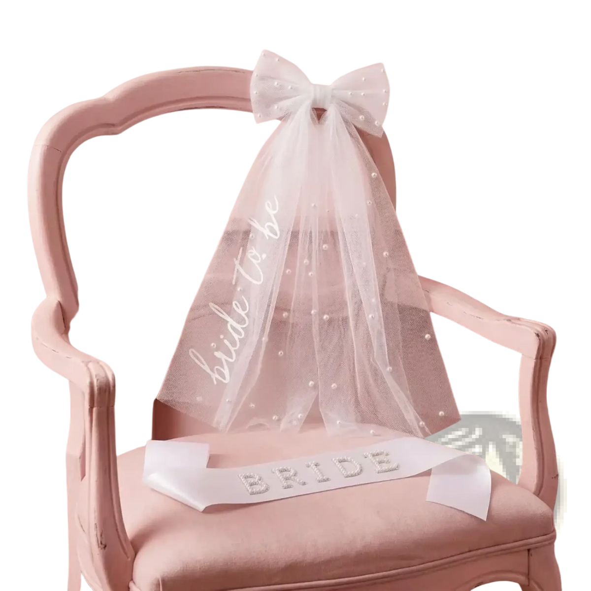 Bride to be accessory set with delicate white tulle veil adorned with pearl embellishments and matching sash with bide to be script
