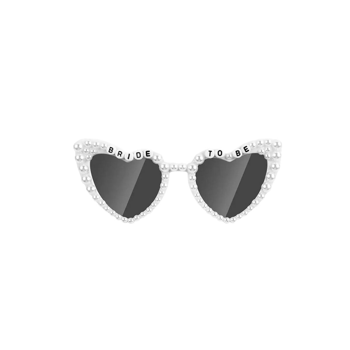 Heart-shaped white sunglasses with pearl frame and bride to be lettering in bride to be accessory set
