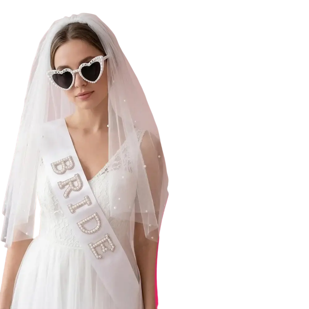 White bridal sash with sparkling rhinestone lettering spelling bride from bride to be accessory set with veil sash and sunglasses
