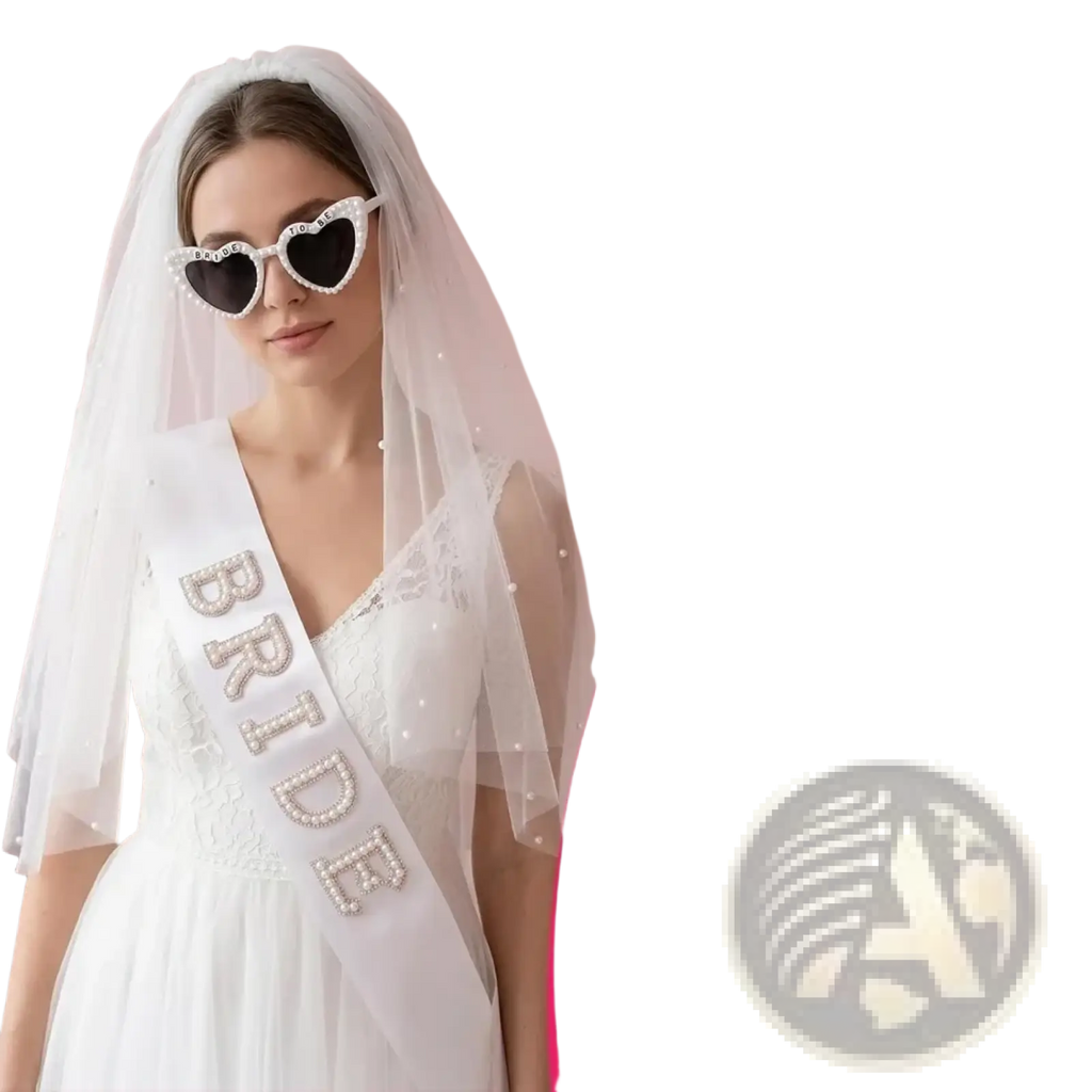 White bridal sash with sparkling rhinestone lettering spelling bride from bride to be accessory set with veil sash and sunglasses