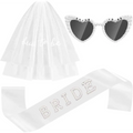 Bride to be accessory set featuring a white sheer veil satin sash with rhinestones and heart-shaped pearl sunglasses