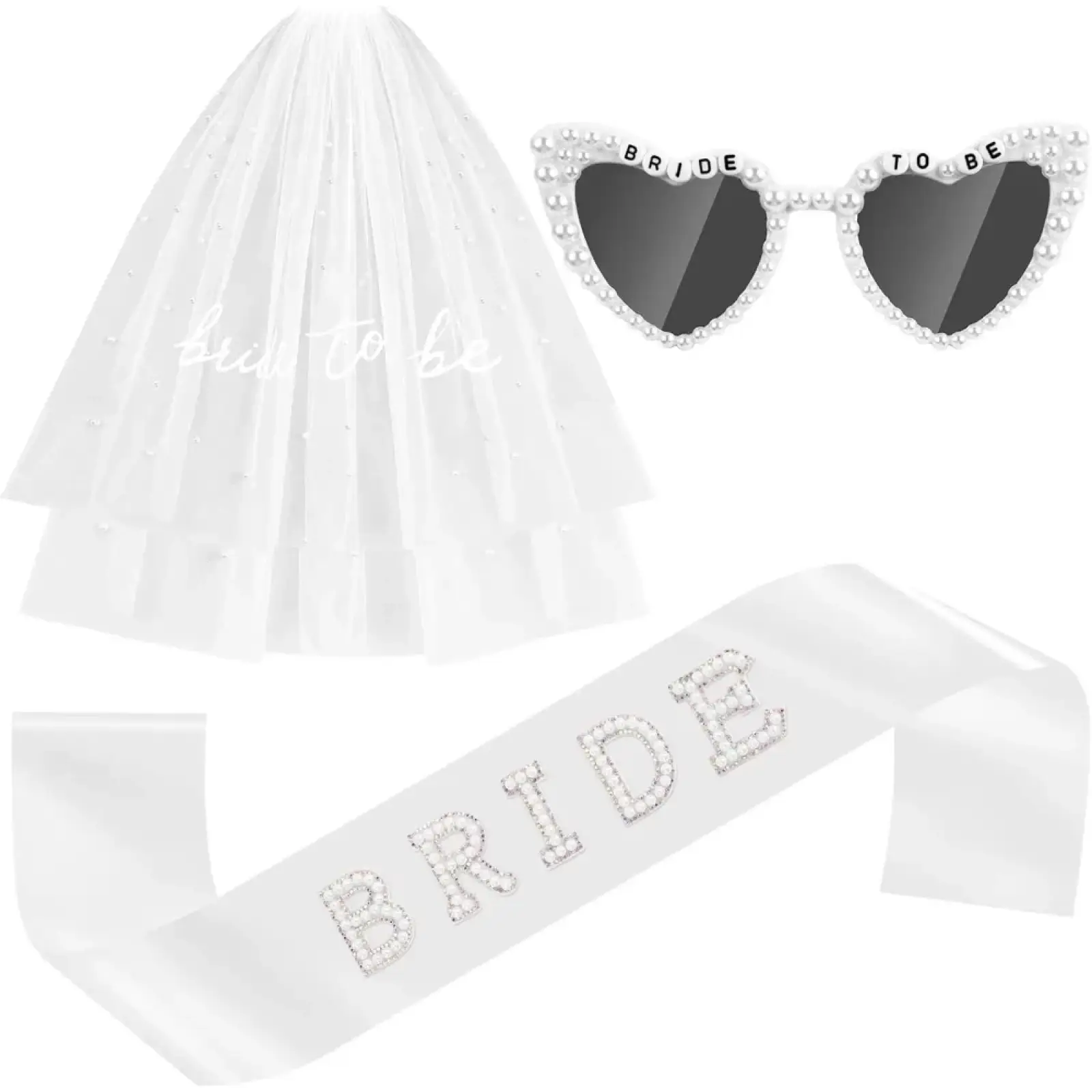 Bride to be accessory set featuring a white sheer veil satin sash with rhinestones and heart-shaped pearl sunglasses