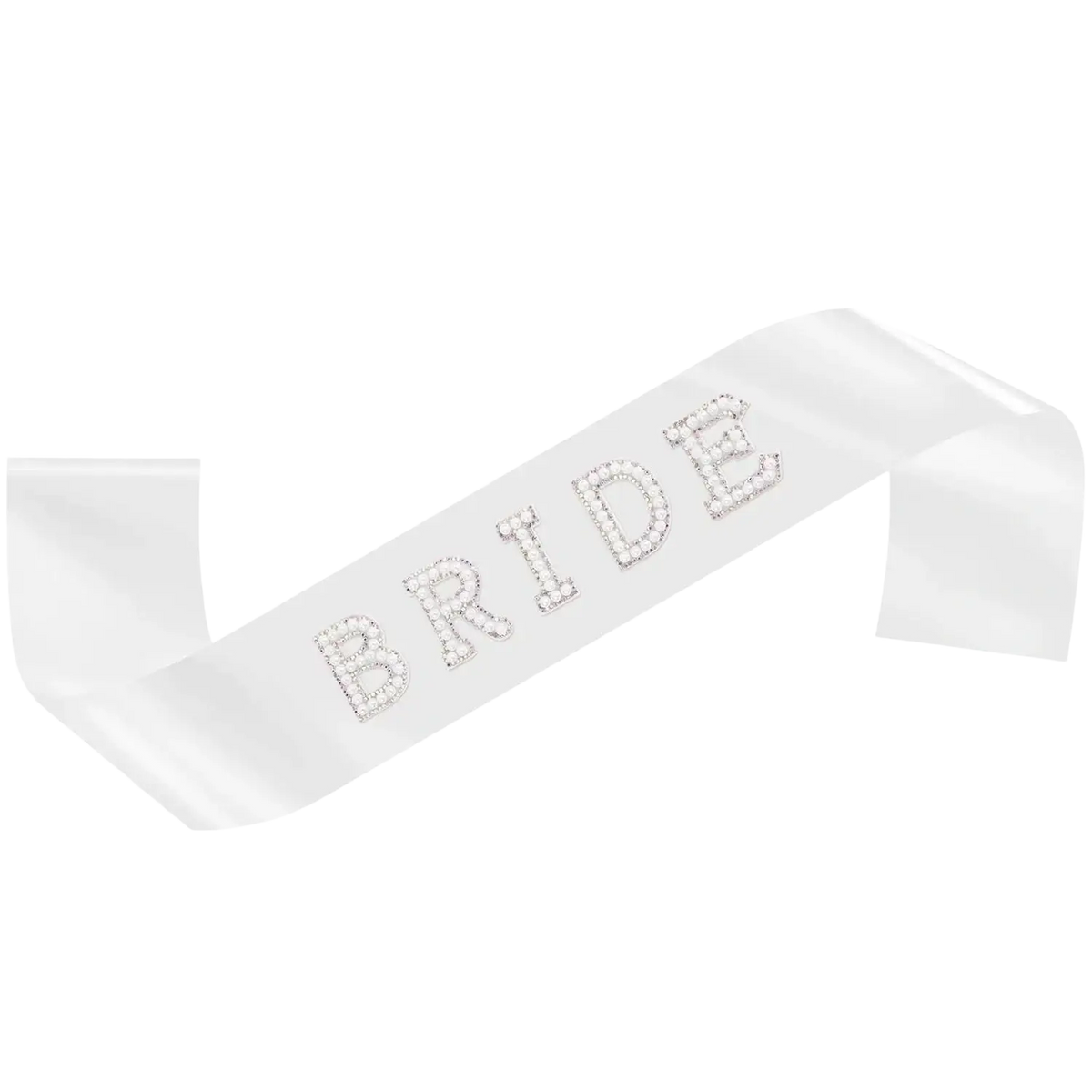 White satin bride to be sash with sparkling rhinestone lettering included in veil sash and sunglasses accessory set