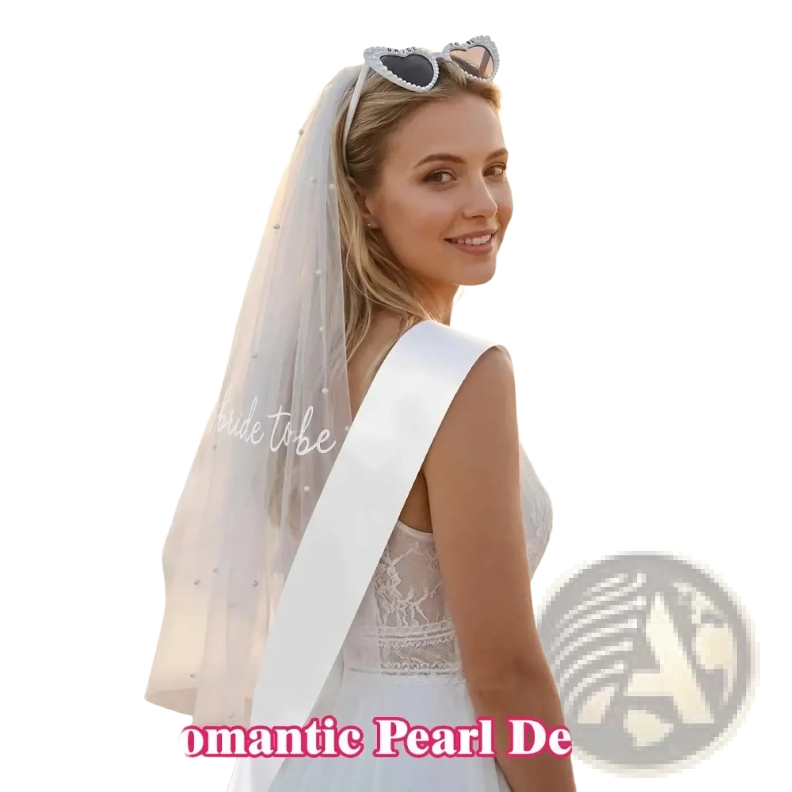 White satin sash with romantic pearl detail from bride to be accessory set with veil sash and sunglasses