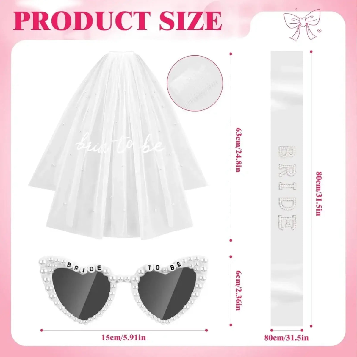 White tulle bridal veil with pearl embellishments and bride to be sash in soft cursive from accessory set