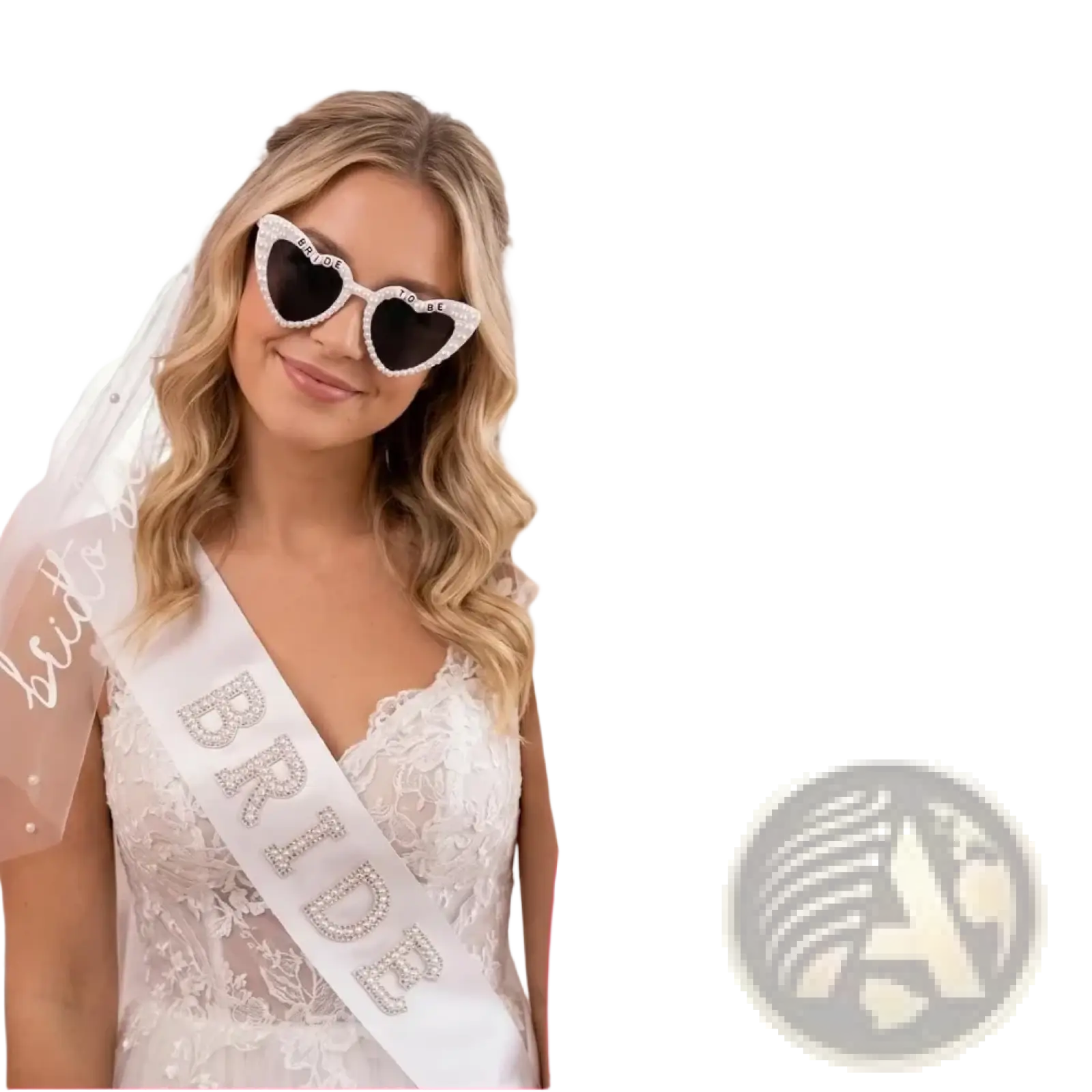White heart-shaped bride to be sunglasses adorned with rhinestones and pearls, part of accessory set with veil and sash