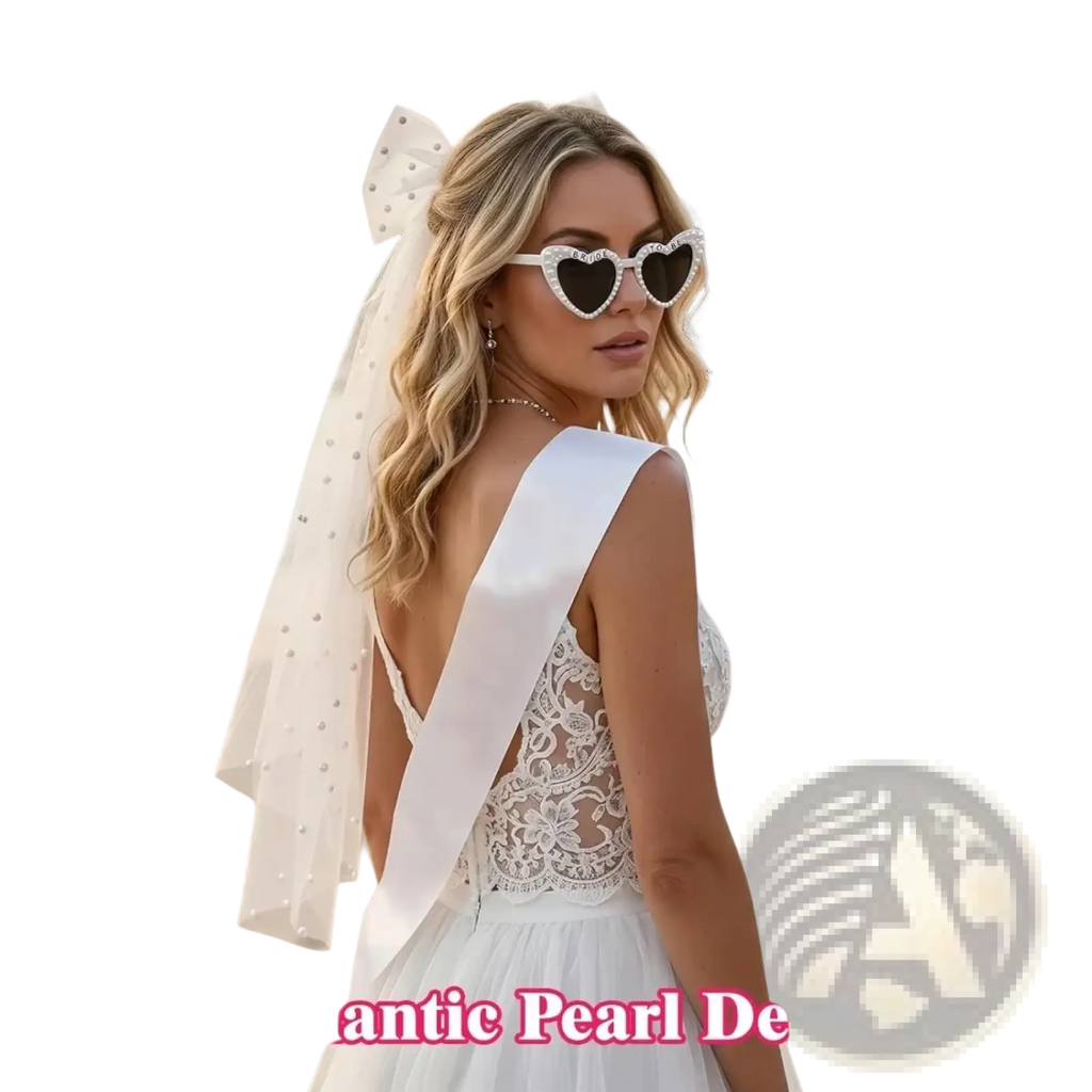 White heart-shaped sunglasses with sparkling rhinestone detailing from bride to be accessory set with veil and sash