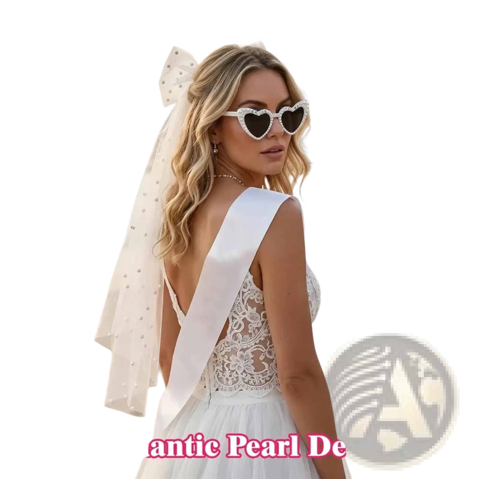 White heart-shaped sunglasses with sparkling rhinestone detailing from bride to be accessory set with veil and sash
