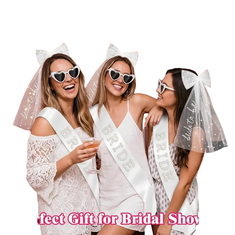 White satin bride sash with sparkling rhinestone lettering from bride to be accessory set with veil and sash