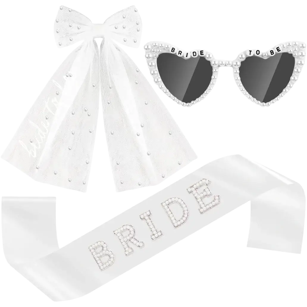 White satin bridal sash with sparkling rhinestone lettering spelling bride in bride to be accessory set with veil