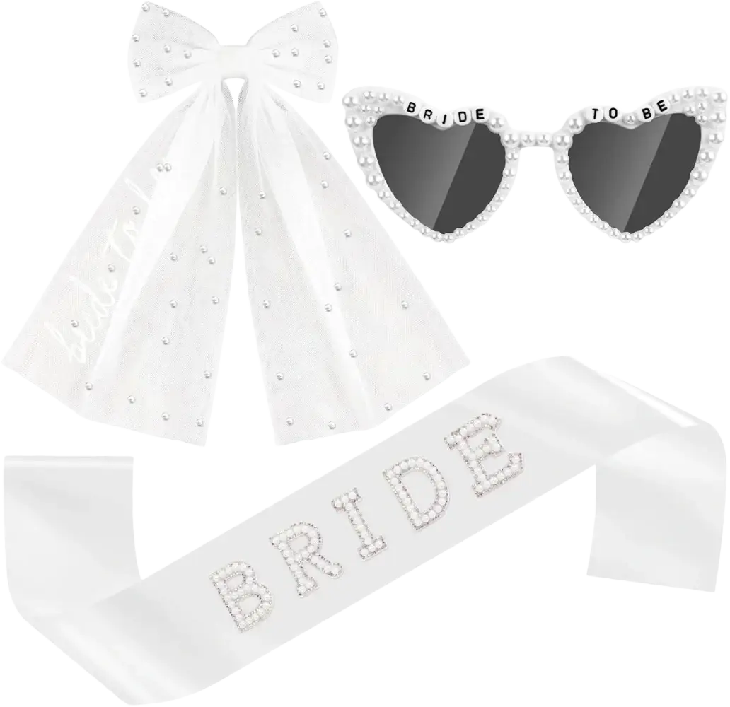 White satin bridal sash with sparkling rhinestone lettering spelling bride from bride to be accessory set with veil