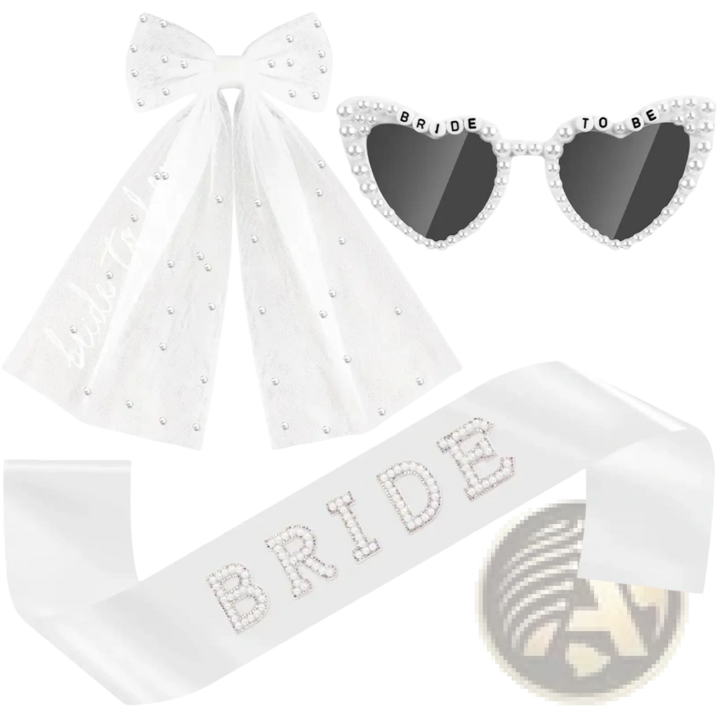 White satin bridal sash with sparkling rhinestone lettering spelling bride in bride to be accessory set with veil