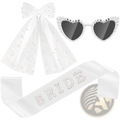 White satin bridal sash with sparkling rhinestone lettering spelling bride in bride to be accessory set with veil