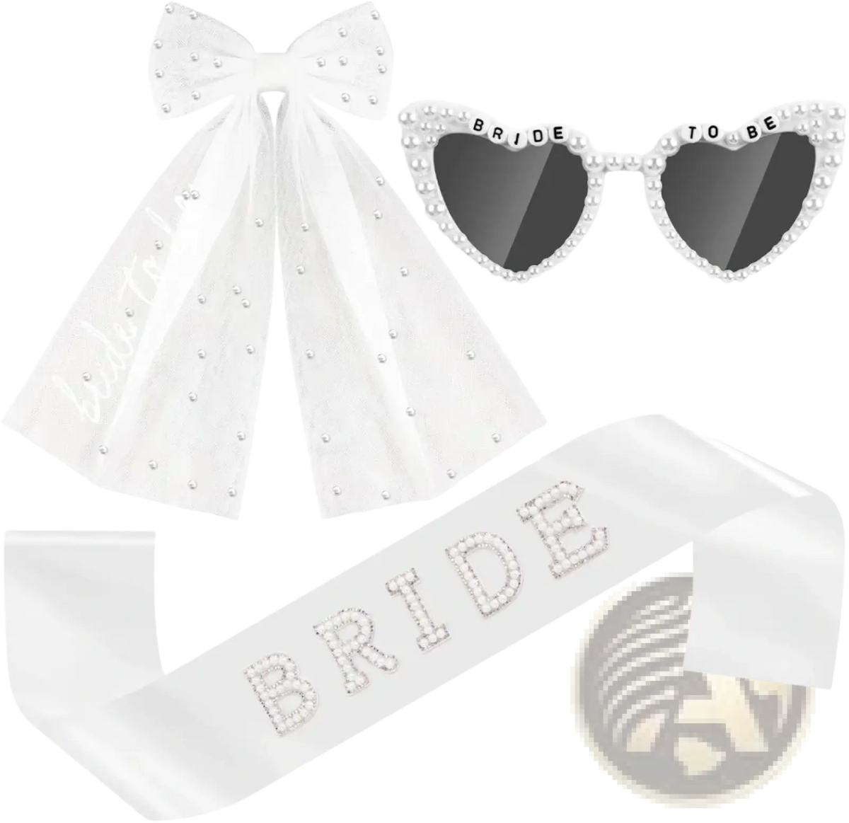 White satin bridal sash with sparkling rhinestone lettering spelling bride from bride to be accessory set with veil
