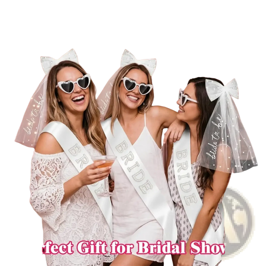 White satin bride sash with sparkling rhinestone lettering from bride to be accessory set with veil and sash