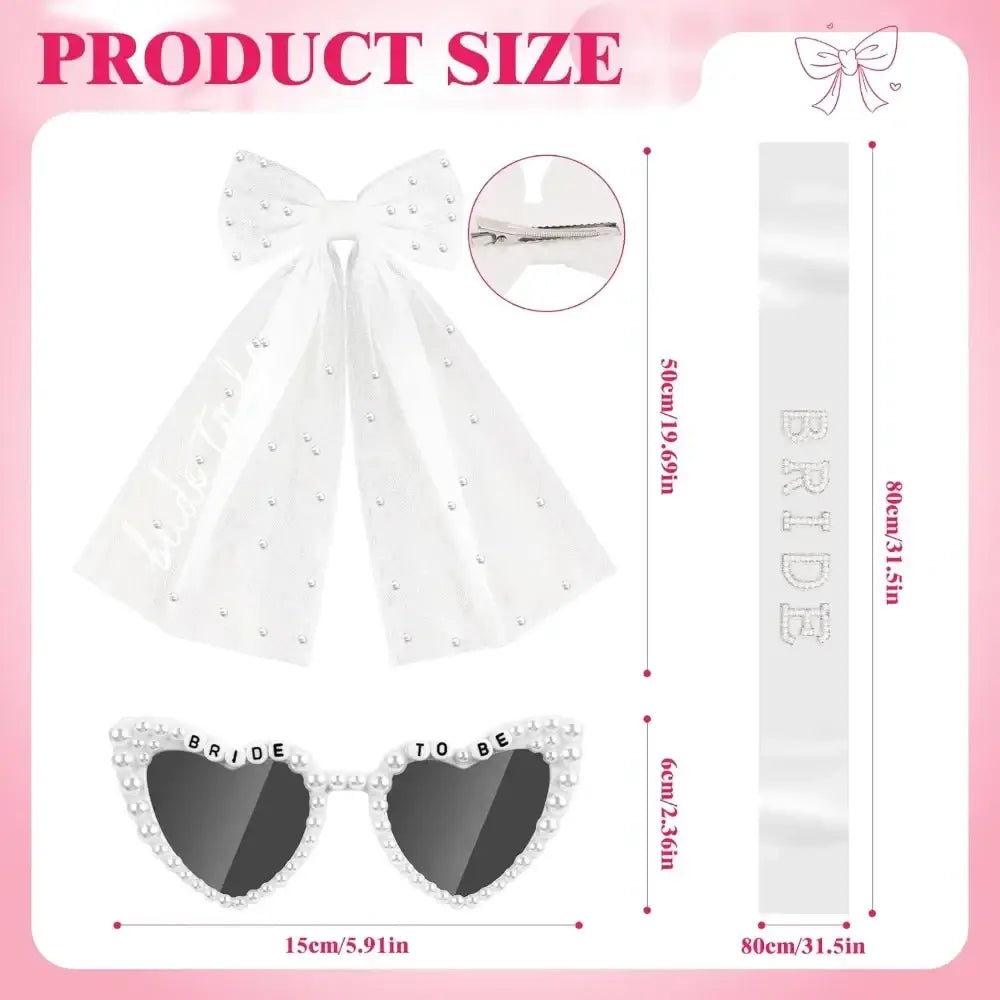 White sheer bow headband with sparkling rhinestones and silver clip from bride to be accessory set with veil and sash