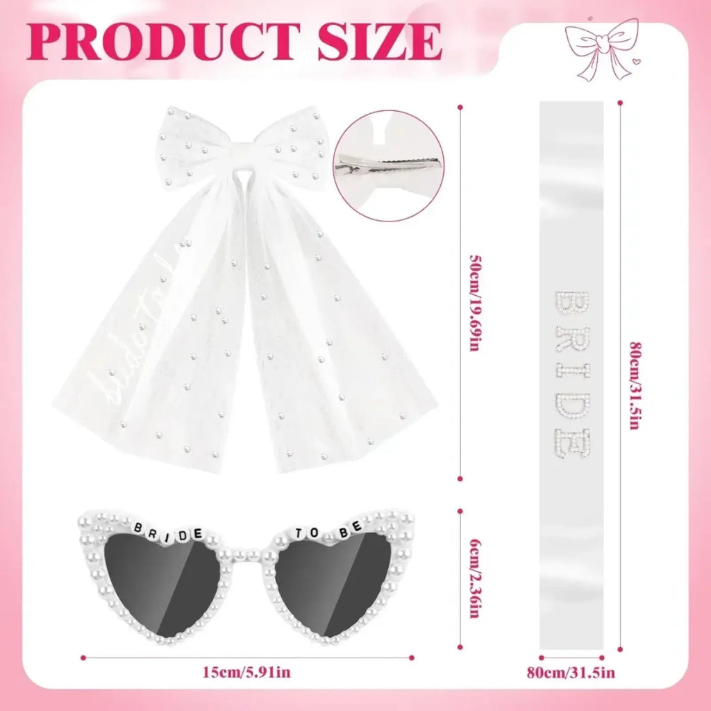 White sheer bow headband with sparkling rhinestones and silver clip from bride to be accessory set with veil and sash