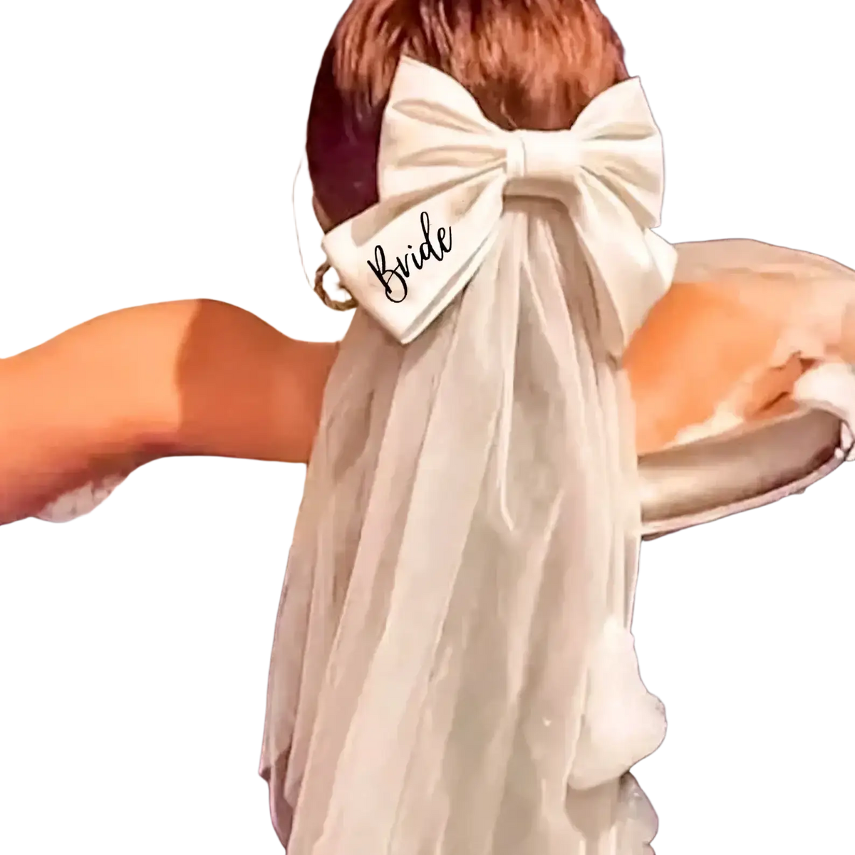 A delicate ivory satin bride bow veil with black embroidery attached featuring elegant cursive script