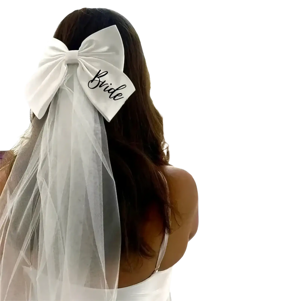 White satin bride bow veil with black embroidery attached featuring bride embroidered in black cursive on sheer veil