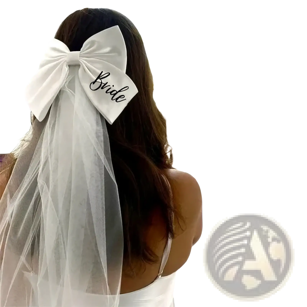 White satin bride bow veil with black embroidery attached to a sheer veil for bridal wear