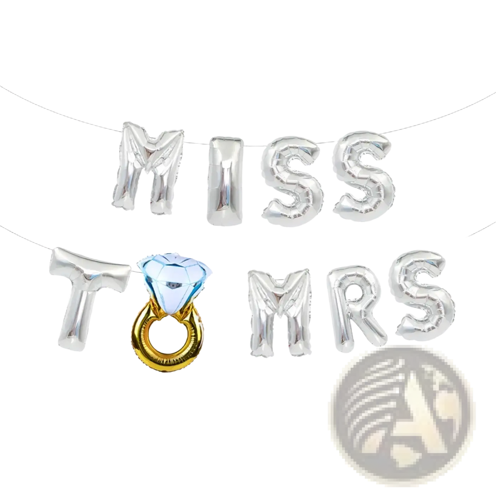 Silver metallic foil balloon banner set with miss to mrs letters and blue diamond ring balloon for bride to be decoration