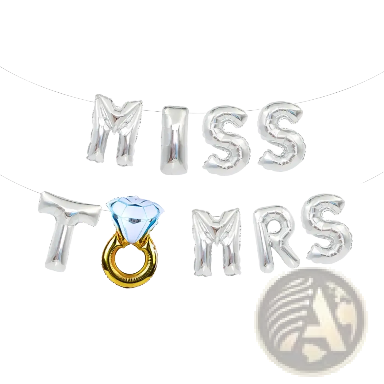 Silver metallic foil balloon banner set with miss to mrs letters and blue diamond ring balloon for bride to be decoration