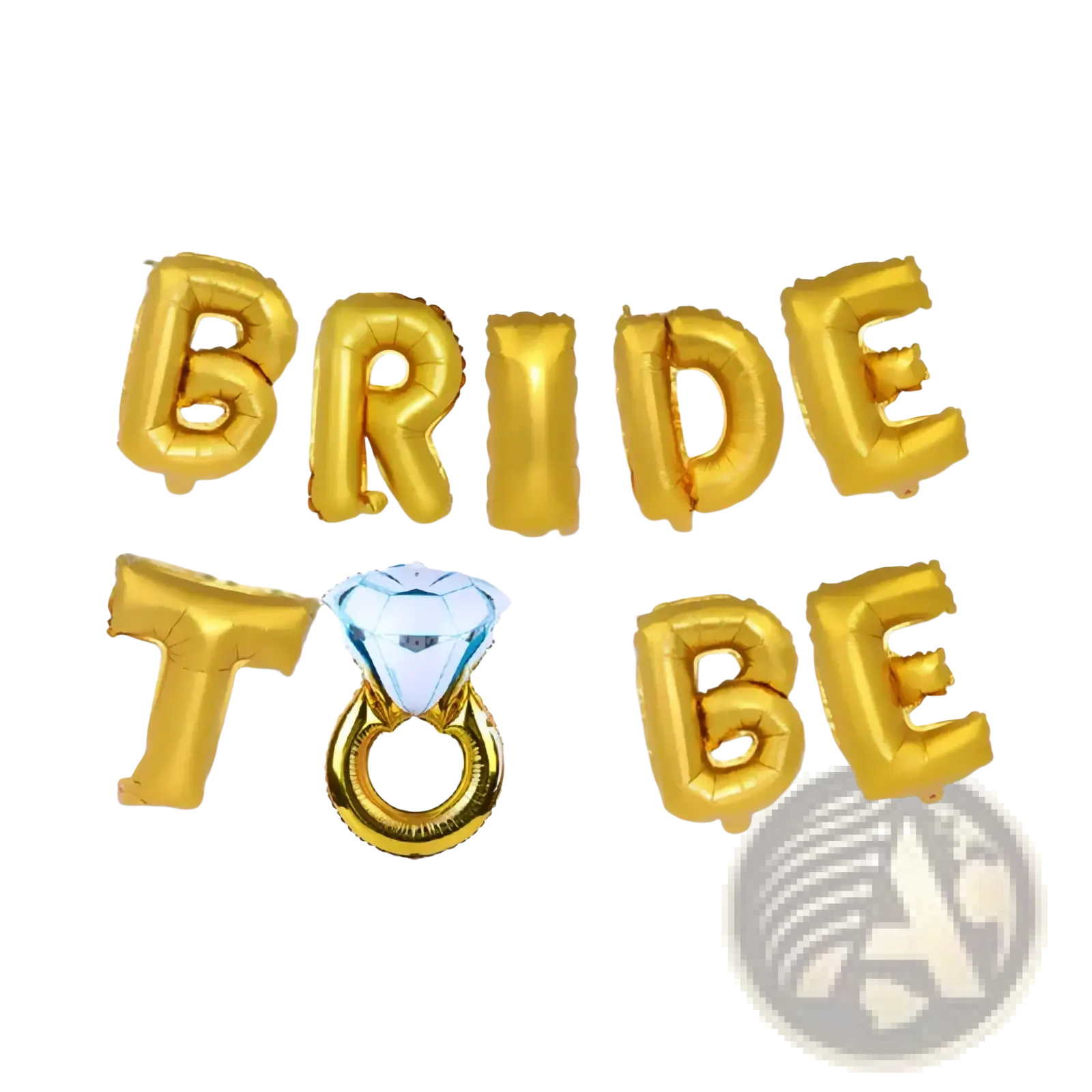 Bride to be foil balloon banner set with gold foil letters and central diamond ring shaped balloon for bridal decor