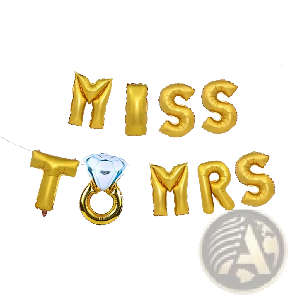 Gold foil bride to be balloon banner set spelling miss to mrs with a diamond ring shaped foil balloon centerpiece