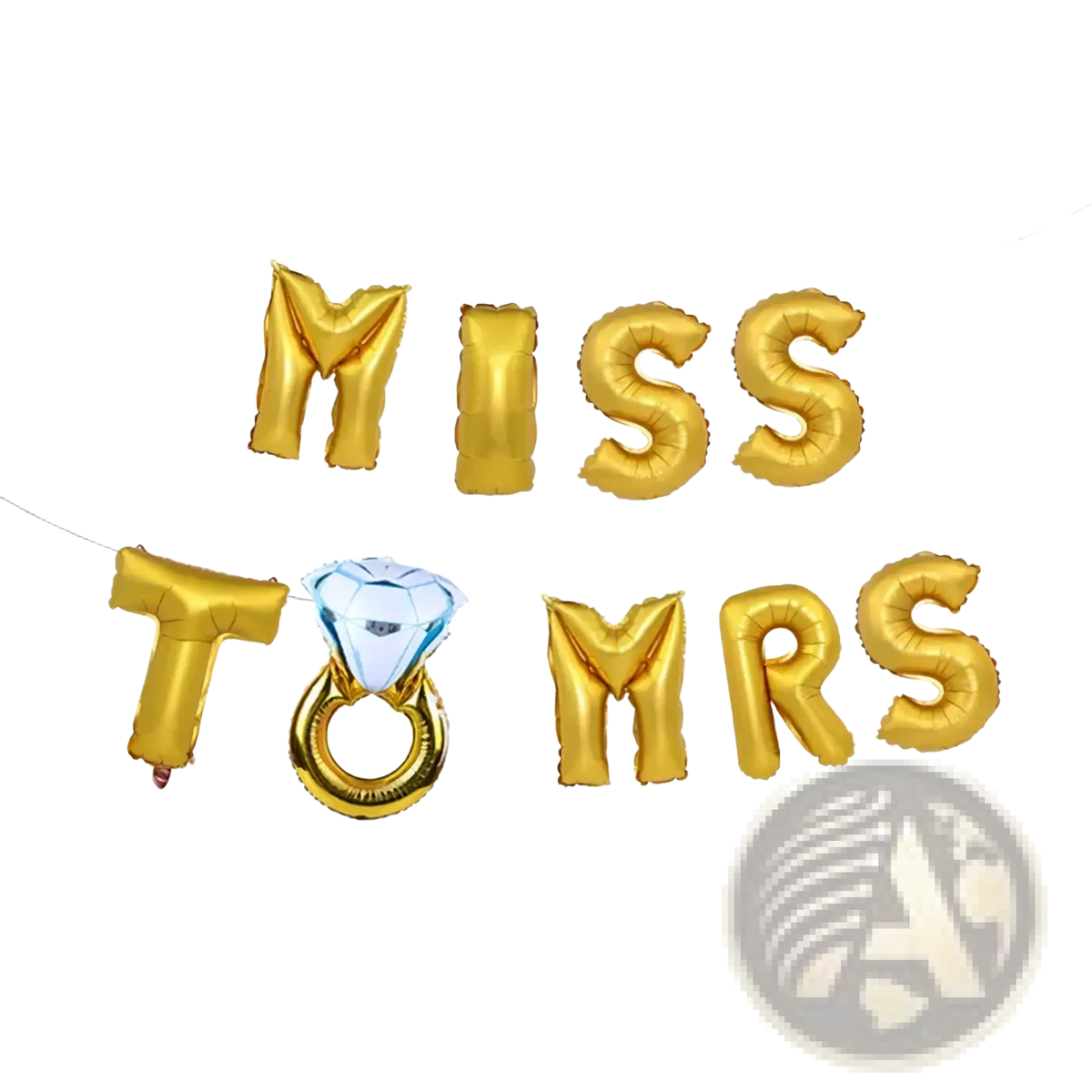 Gold foil bride to be balloon banner set spelling miss to mrs with a diamond ring shaped foil balloon centerpiece