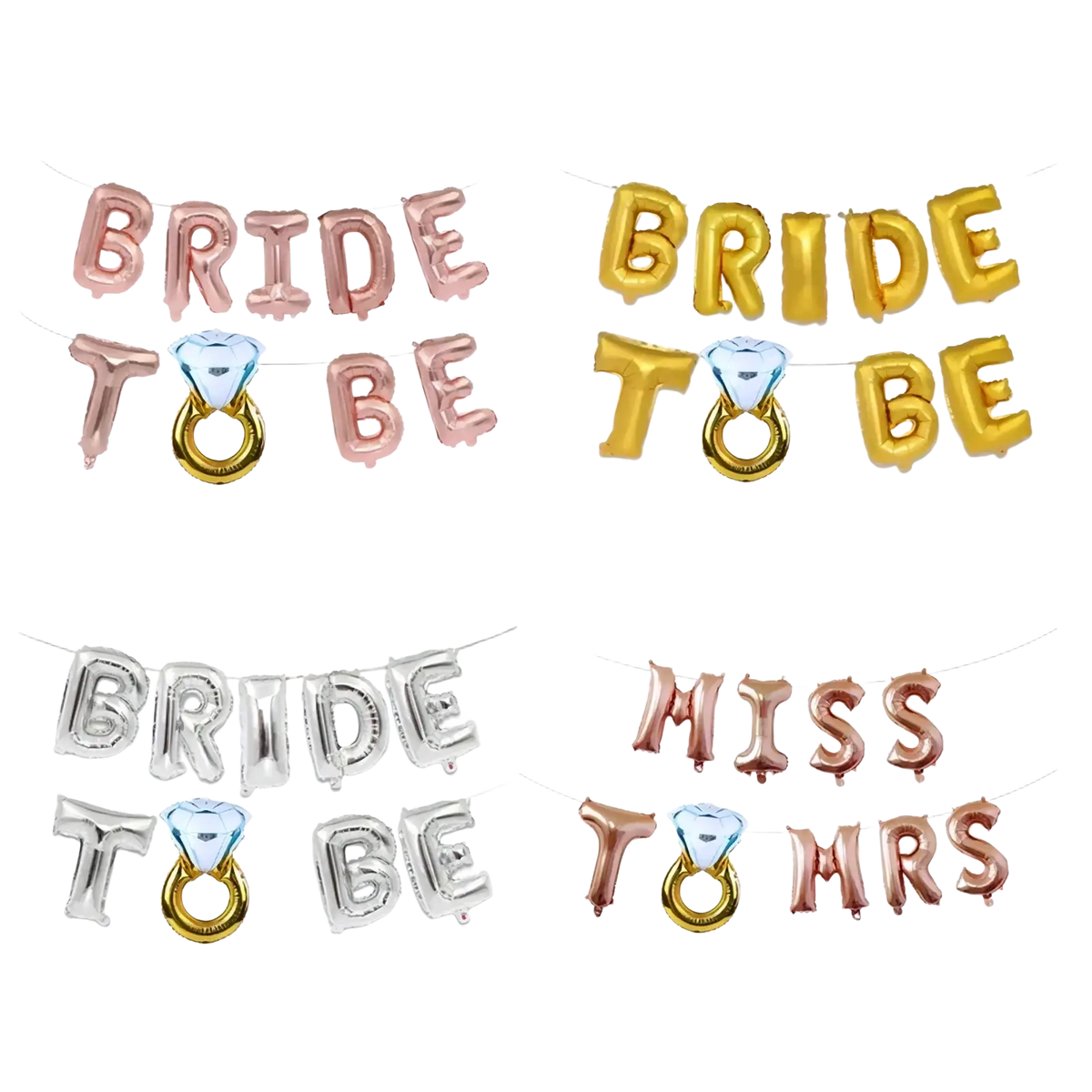 Set of metallic foil balloon banners in rose gold gold and silver with diamond ring accents for bridal party decorations