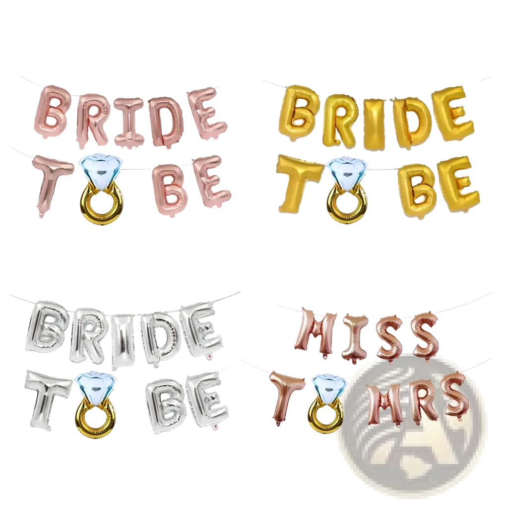 Set of metallic foil balloon banners in rose gold gold and silver with diamond ring accents for bridal party decorations