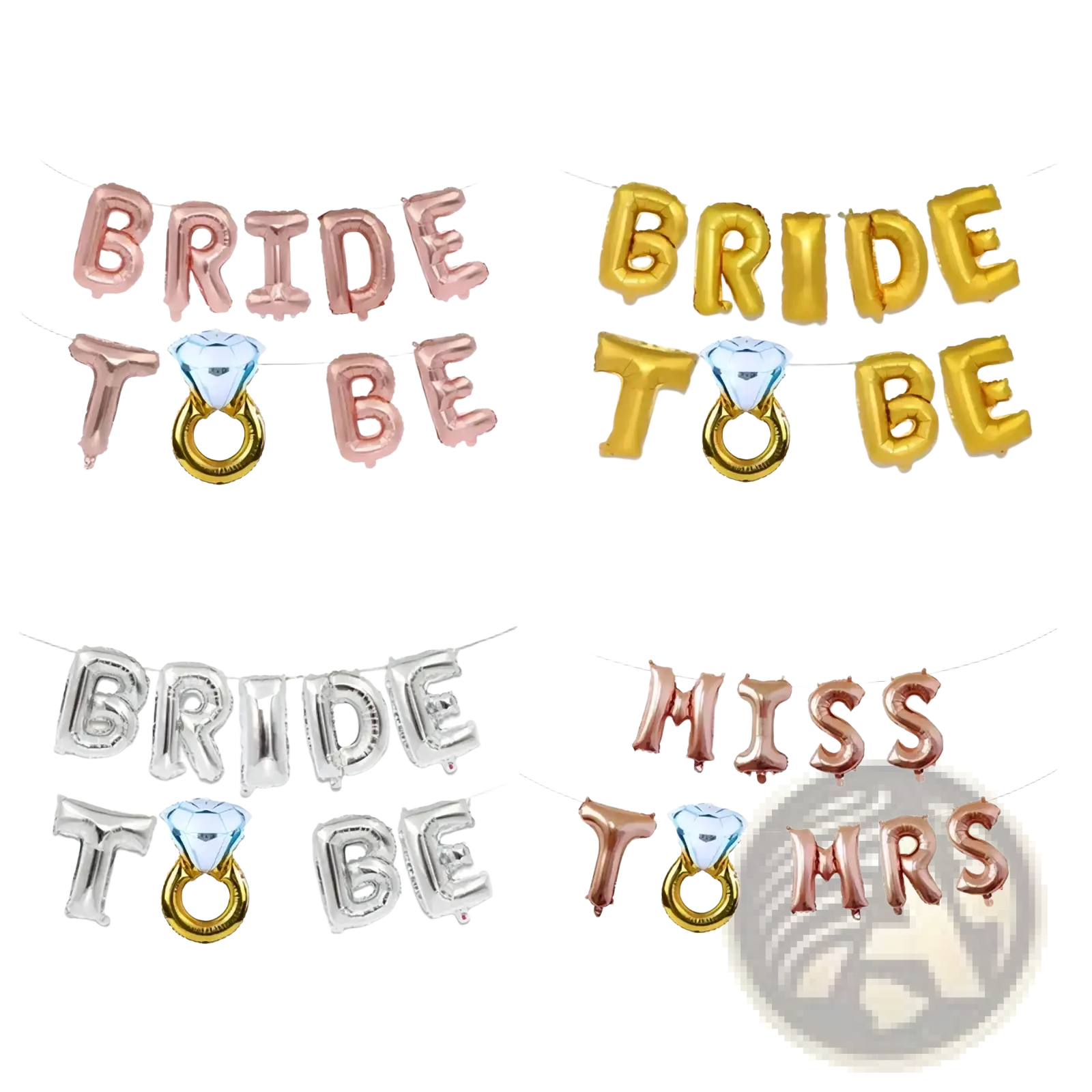 Set of metallic foil balloon banners in rose gold gold and silver with diamond ring accents for bridal party decorations