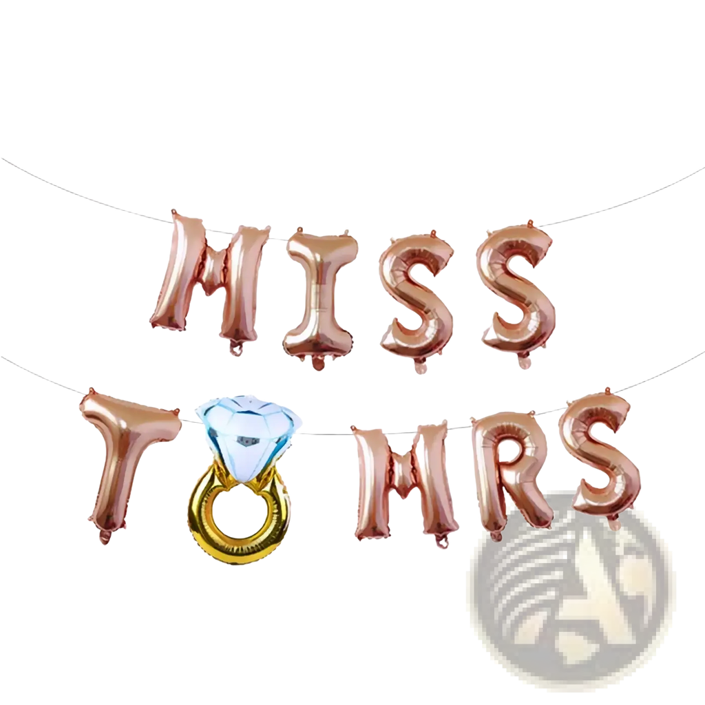 Rose gold foil balloon banner set spelling miss to mrs with a central diamond ring design for bride to be celebration