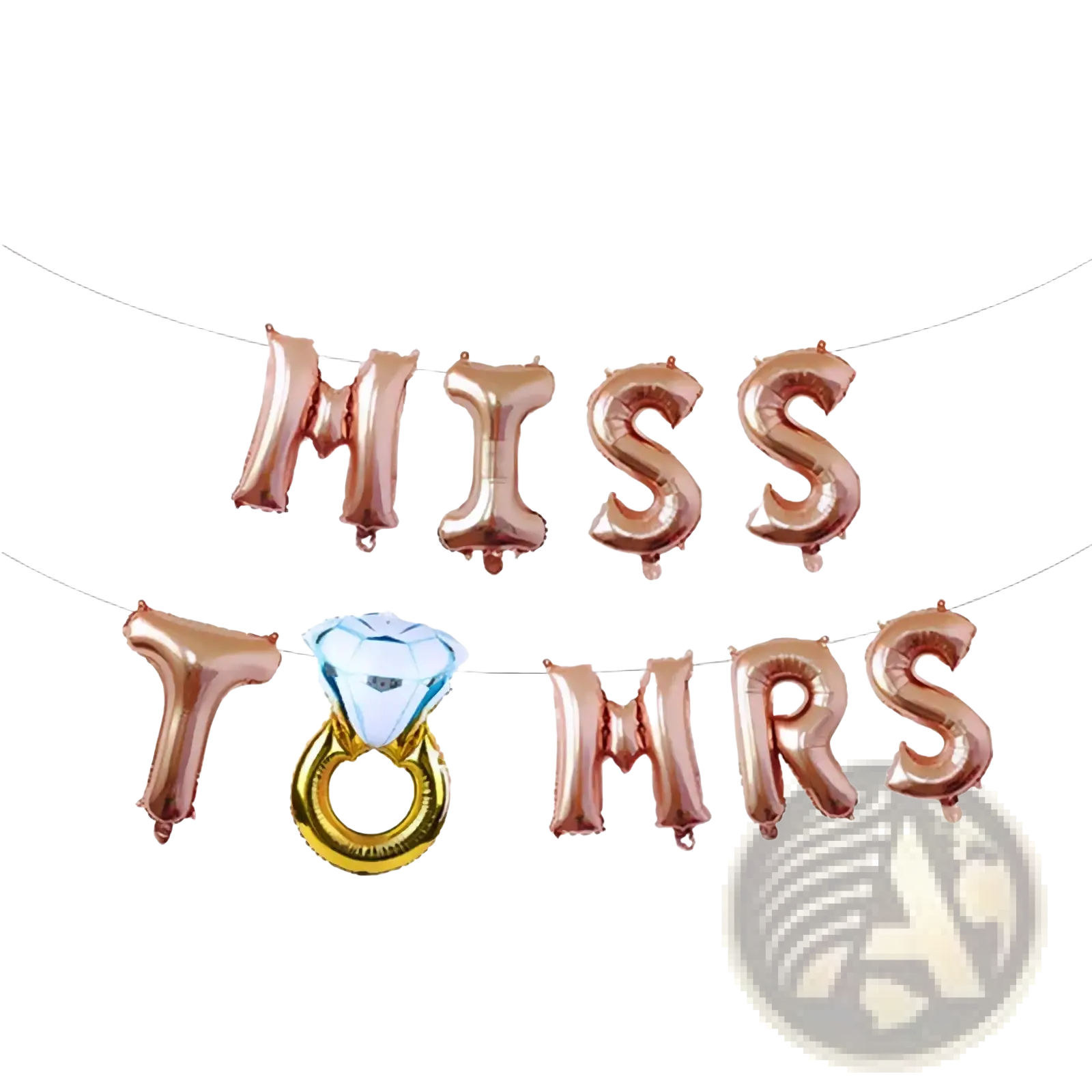 Rose gold foil balloon banner set spelling miss to mrs with a central diamond ring design for bride to be celebration