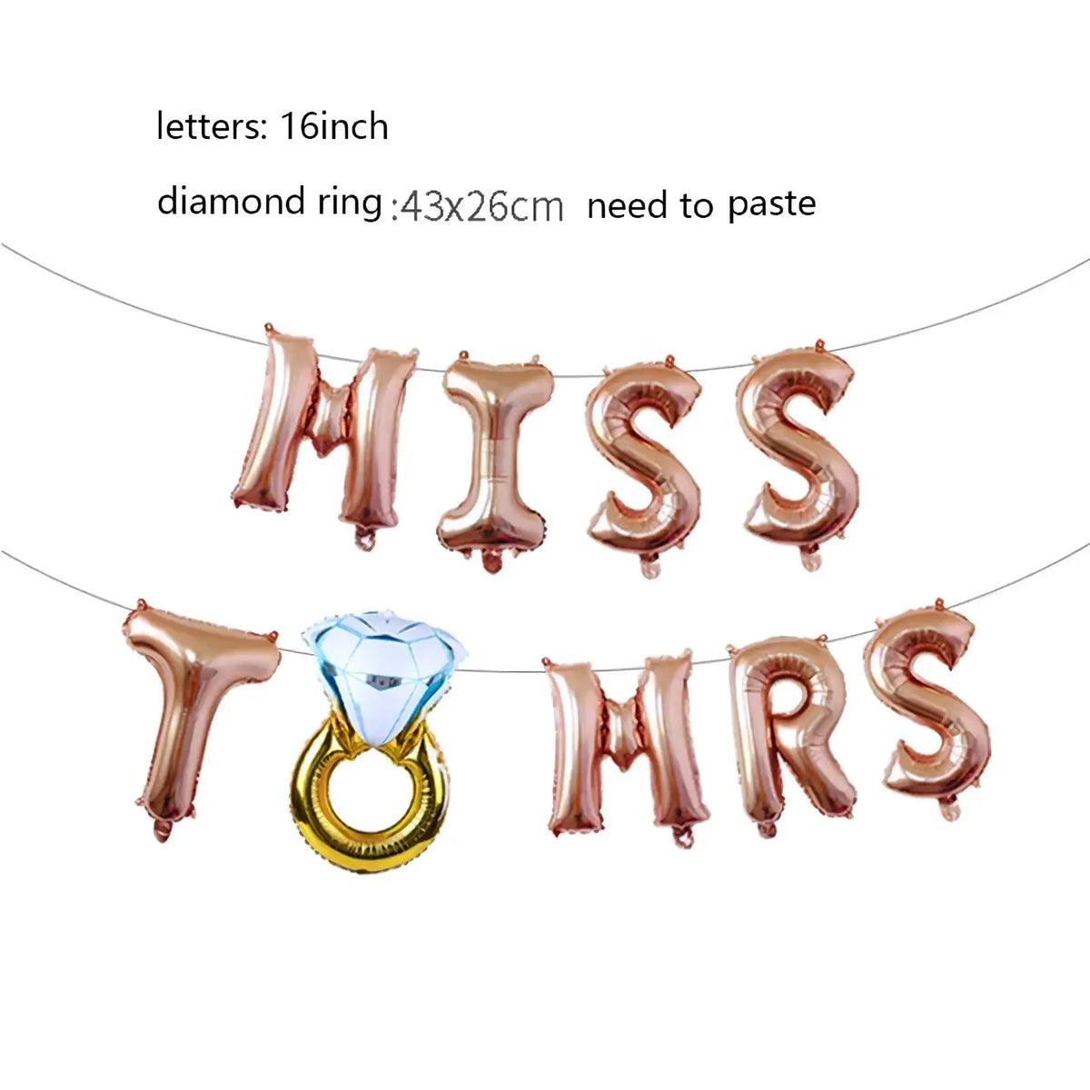 Bride to be foil balloon banner set with rose gold foil letters spelling miss to mrs and diamond ring balloon centerpiece