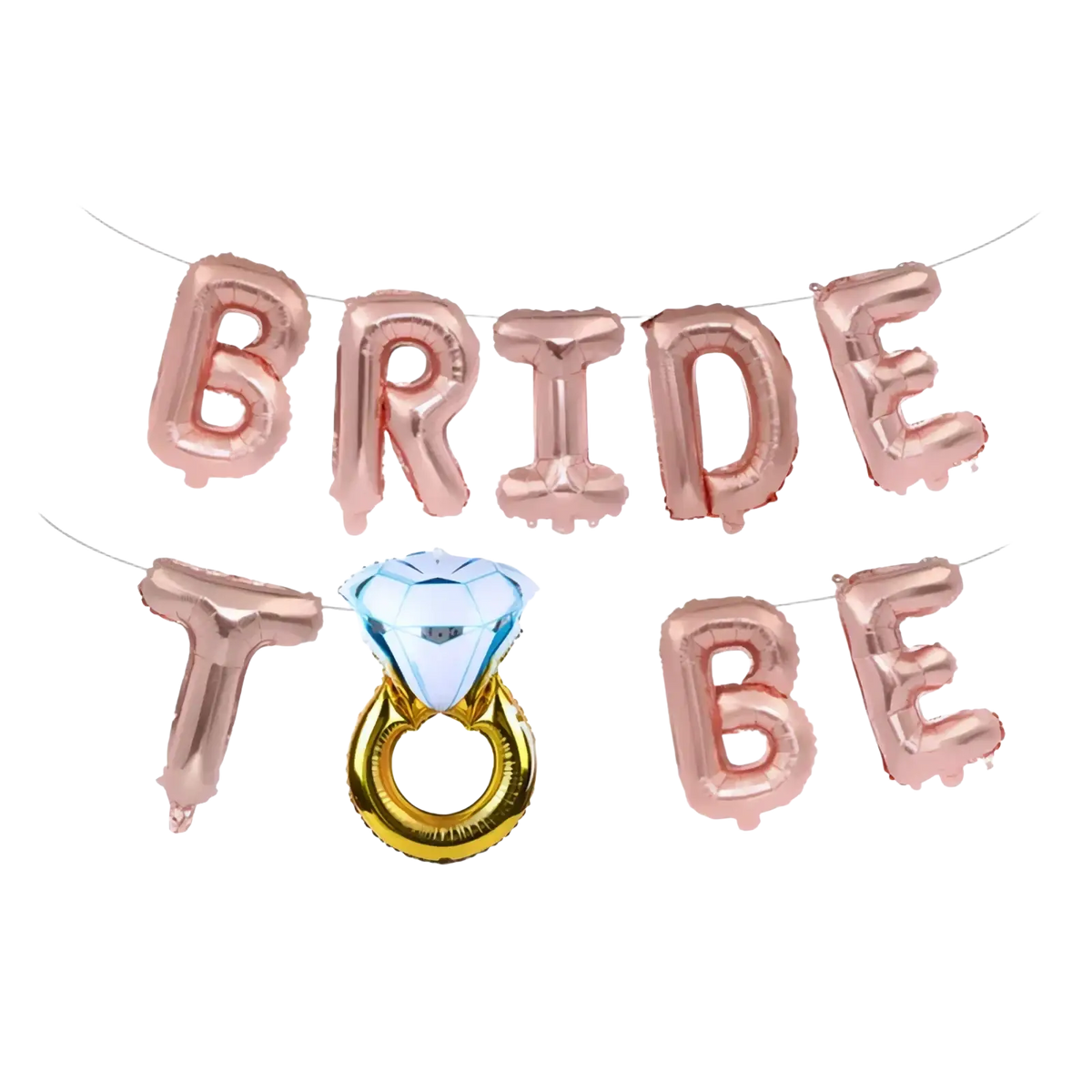 Rose gold and blue diamond ring foil balloon banner set designed for bride to be celebrations and bridal showers