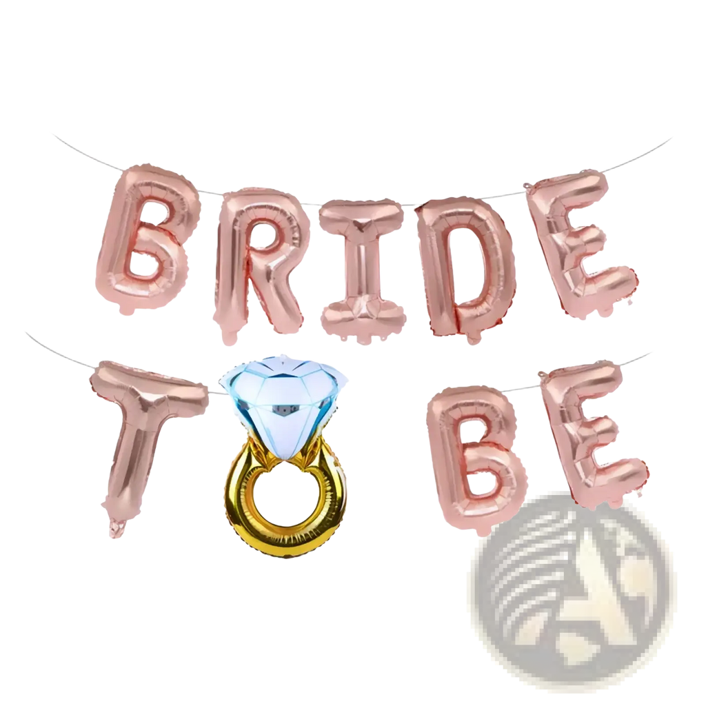 Rose gold and blue diamond ring foil balloon banner set designed for bride to be celebrations and bridal showers